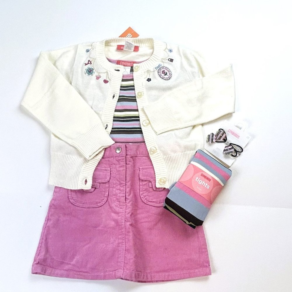 NWT Gymboree Girl 2 Pocket Skort, Stripe Tee, Cardigan, Tight, Pony-Holder 6